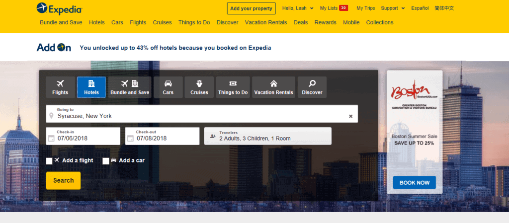 add on advantage expedia home page